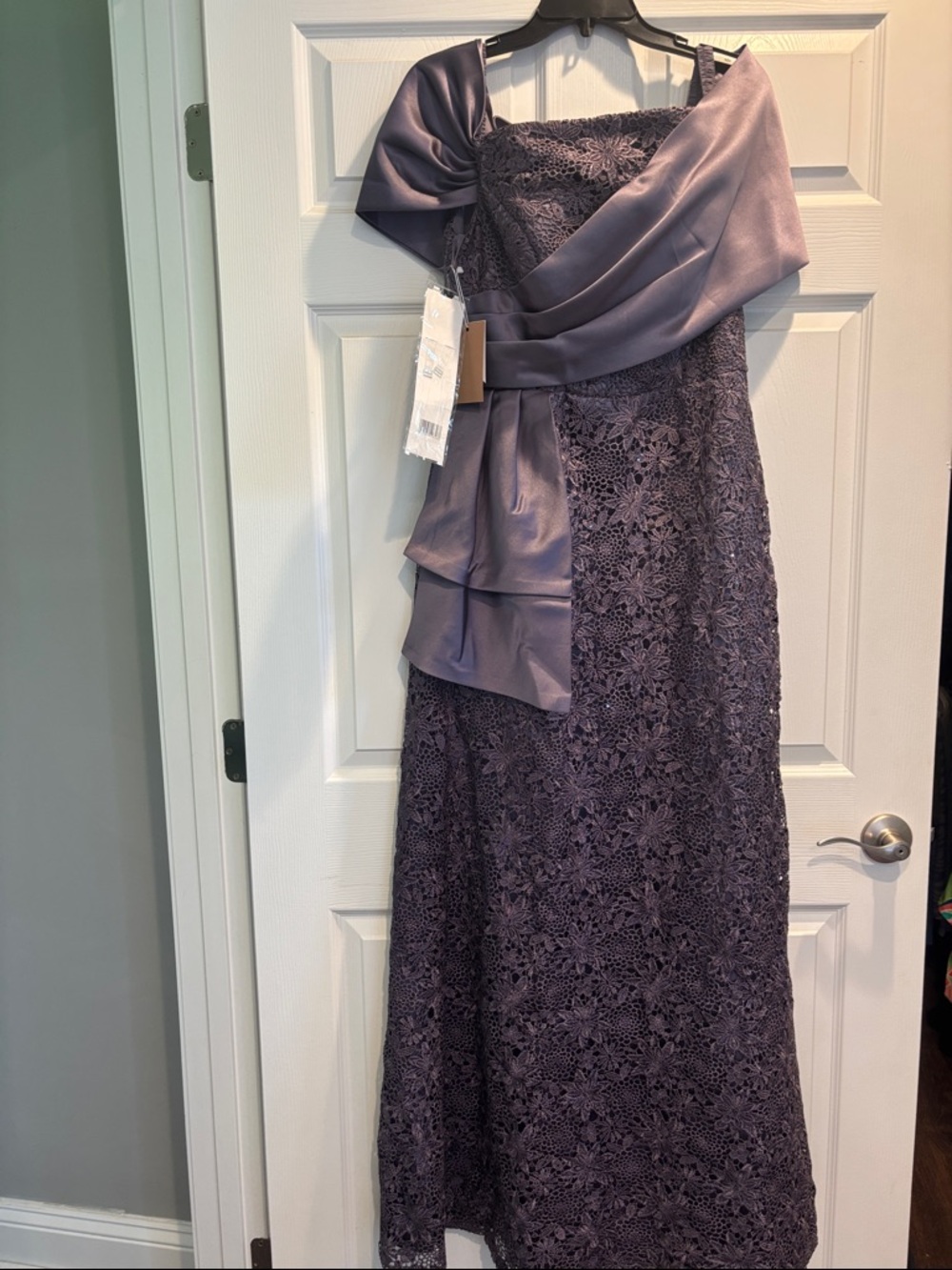 Purple Lace Evening Gown with Satin Shawl